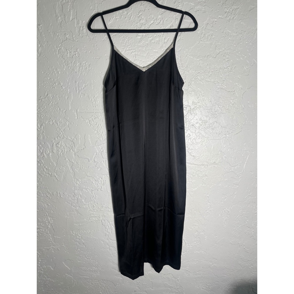United Colors of Benetton Black Satin Lace Trim Slip Dress Size S Midi Y2K